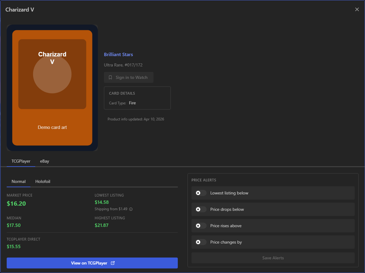 Product detail modal with TCGplayer prices and price history.