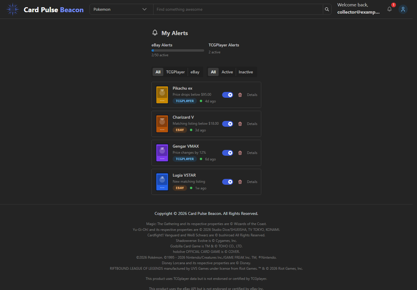My Alerts page with alert filters and alert cards.