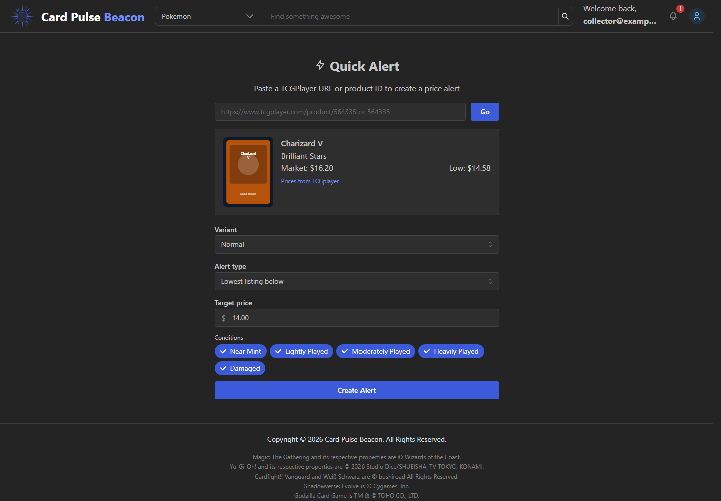 Quick Alert page with a loaded product and alert target form.