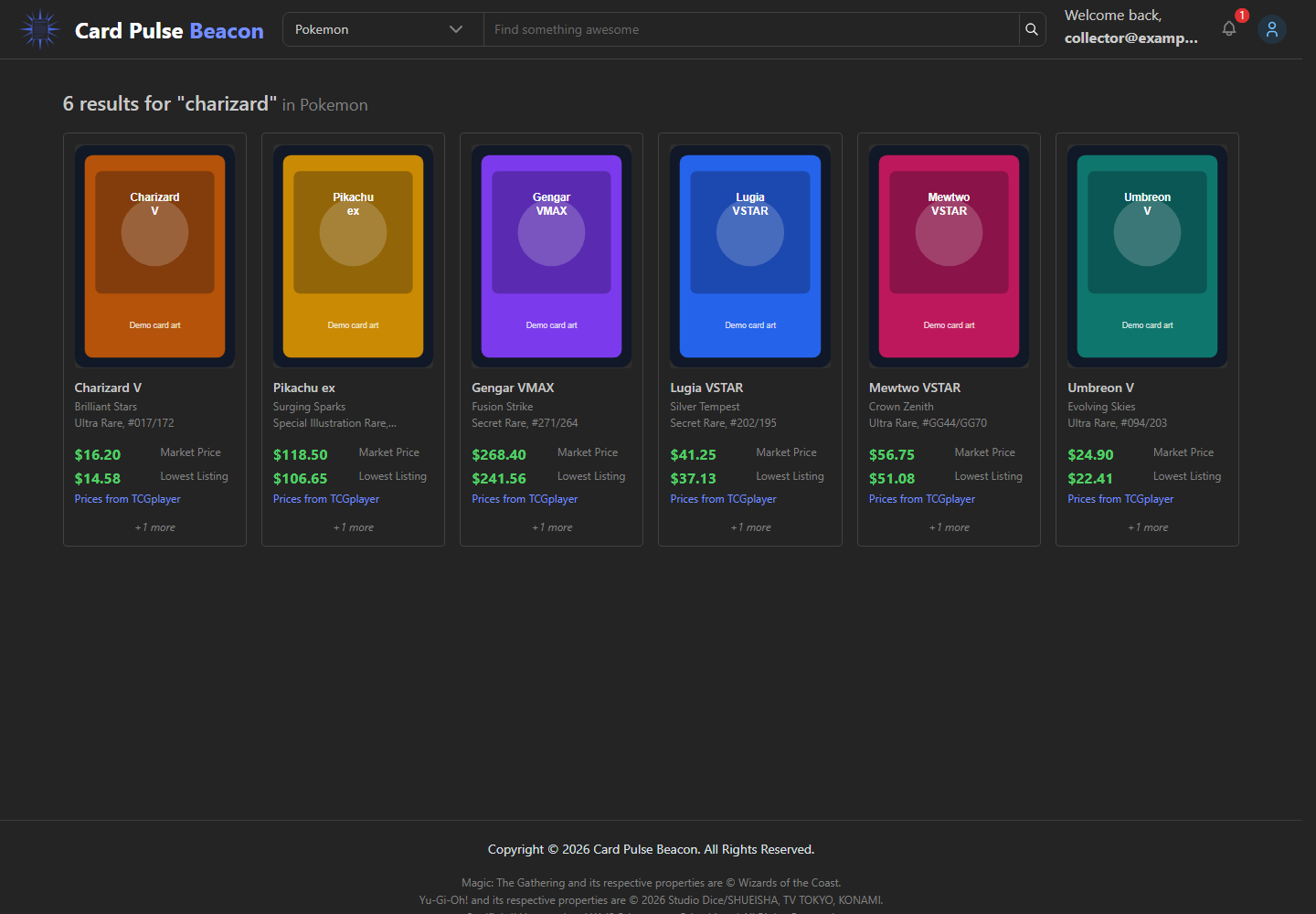 Search results for Charizard with filters and product cards.