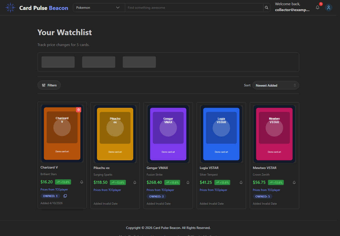 Watchlist page with inventory value, filters, and saved cards.